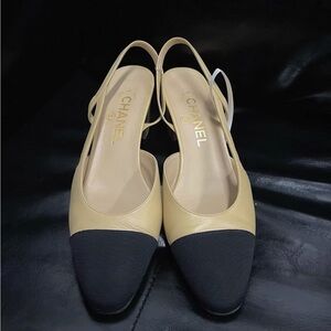 CHANEL Beige and Black Slingback Heels